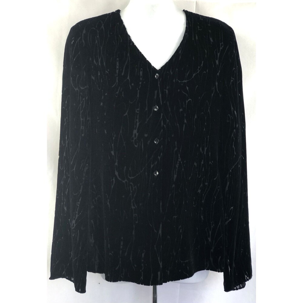 Jones NY Top 8 Black Silk Velour V-Neck LongSleeve Whimsy Gothic Fairy Glam
